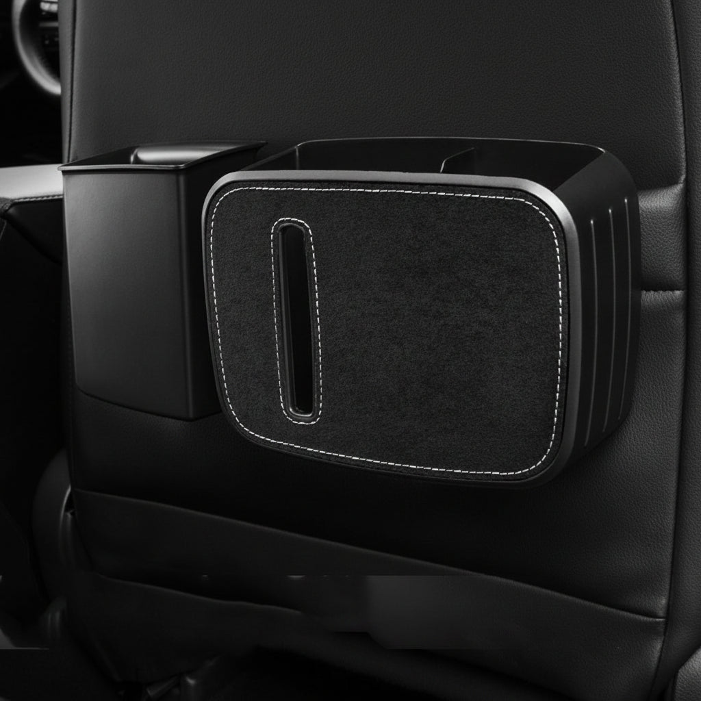 Car seat organizer with cup holder and storage space on a black car interior.