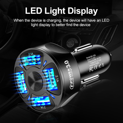 Close-up of MotionX USB car charger 7A output and safety protection features