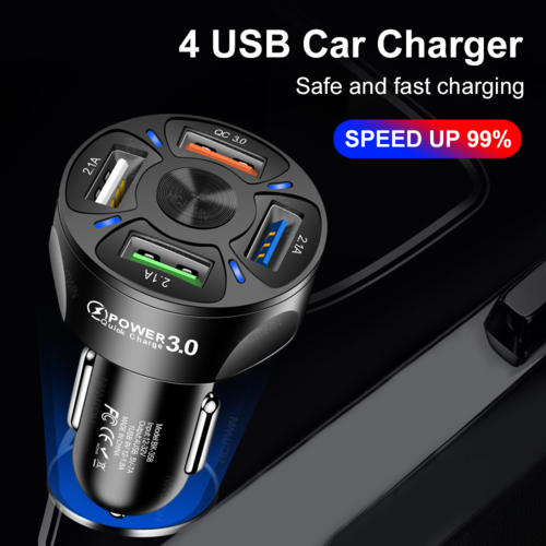 MotionX 4-Port USB Car Charger in white plugged into a car's 12V socket