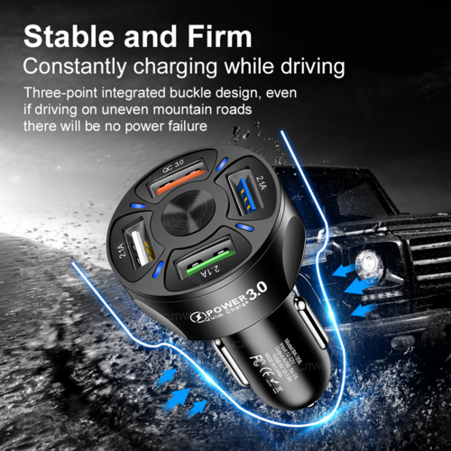 MotionX car charger showing all 4 USB-A ports with QC 3.0 fast charging